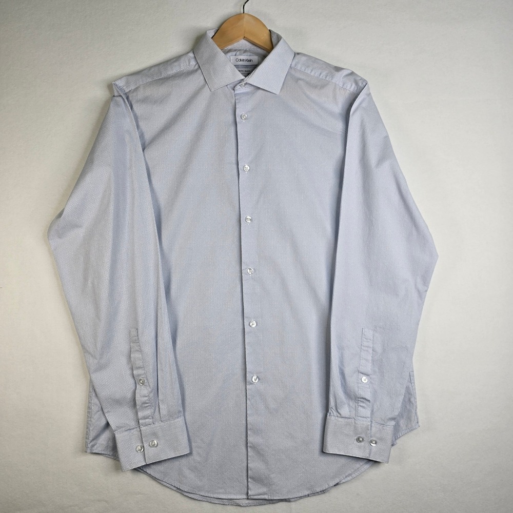Calvin Klein Mens Slim Fit Stretch Dress Shirt Blue White Geometric 16.5 34/35 L